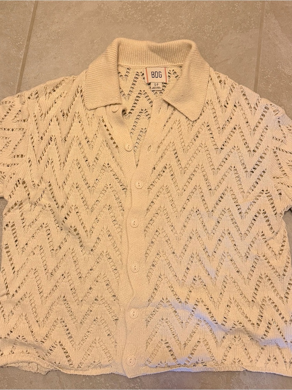 BDG Cream Open-Weave Polo Cardigan